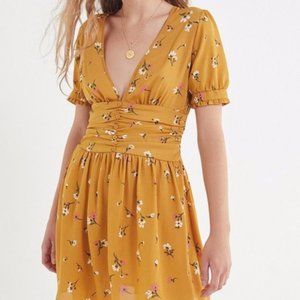 UO Mustard Emmy Ruched Short Sleeve Dress